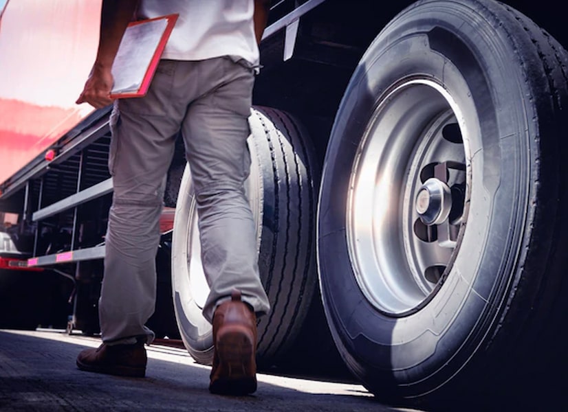 Operaio tecnico con cartellina in mano cammina vicino a un camion